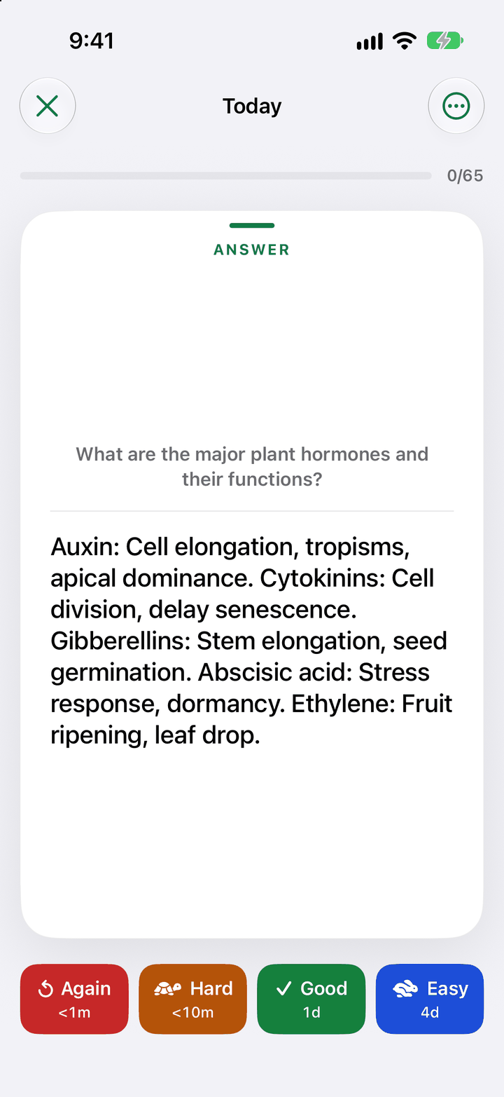 A biology card in a BioRecall study session with the answer showing and the Again, Hard, Good and Easy buttons