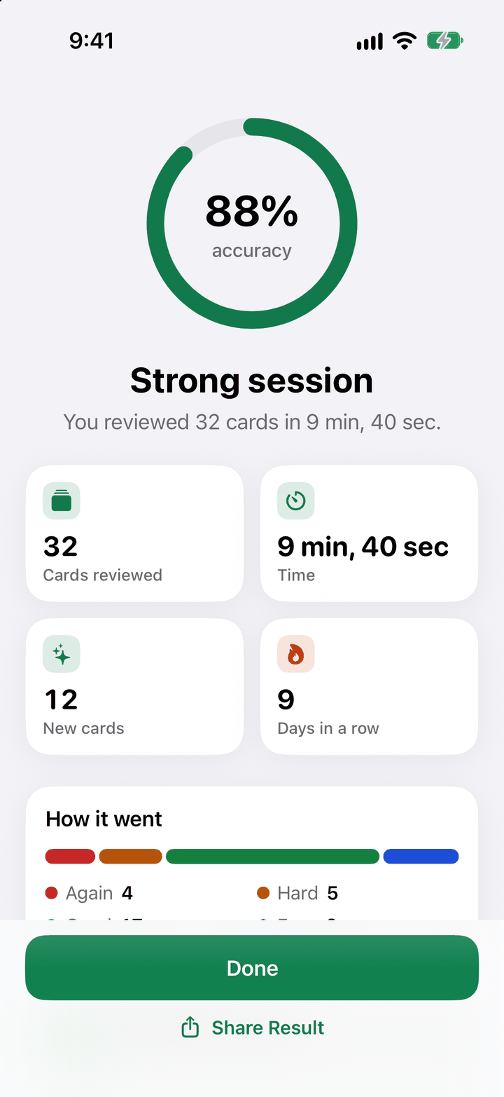 BioRecall session summary at the end of a study session