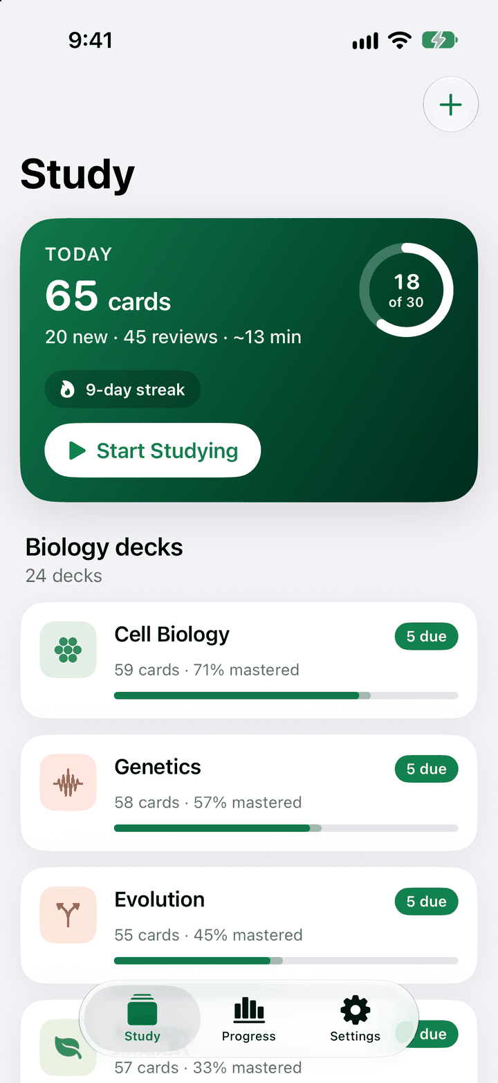 BioRecall Today screen with the cards due, new cards, the study streak and progress toward the daily goal