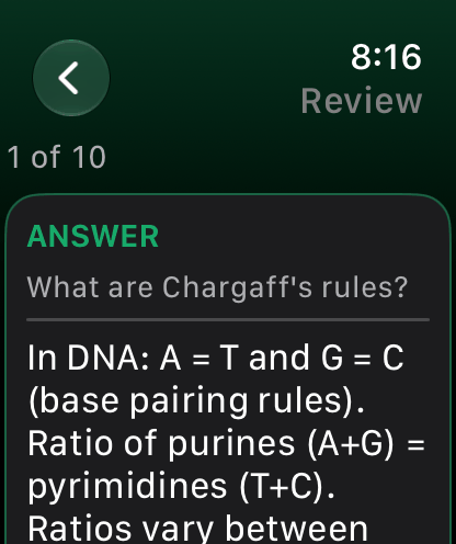 BioRecall on Apple Watch reviewing a due card